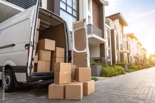 A van is parked on a residential street as packages are unloaded. The sun is out and the area has modern homes nearby