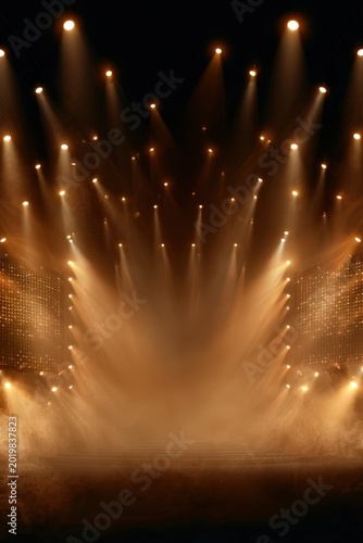 A vibrant concert stage background featuring glowing golden lights and atmospheric fog, ideal for promotional materials