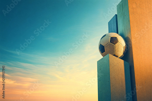 Classic soccer ball placed on minimalist concrete architectural columns under a clear blue and orange sunset sky, ideal for sports achievement and urban competition themes.