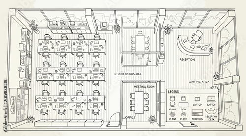Obraz na płótnie Detailed office floor plan with reception, meeting room, studio workspace, and l