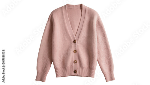 Foto Soft pink knitted V-neck cardigan with wooden buttons, isolated on transparent b