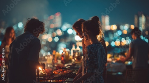 Rooftop night barbecue group