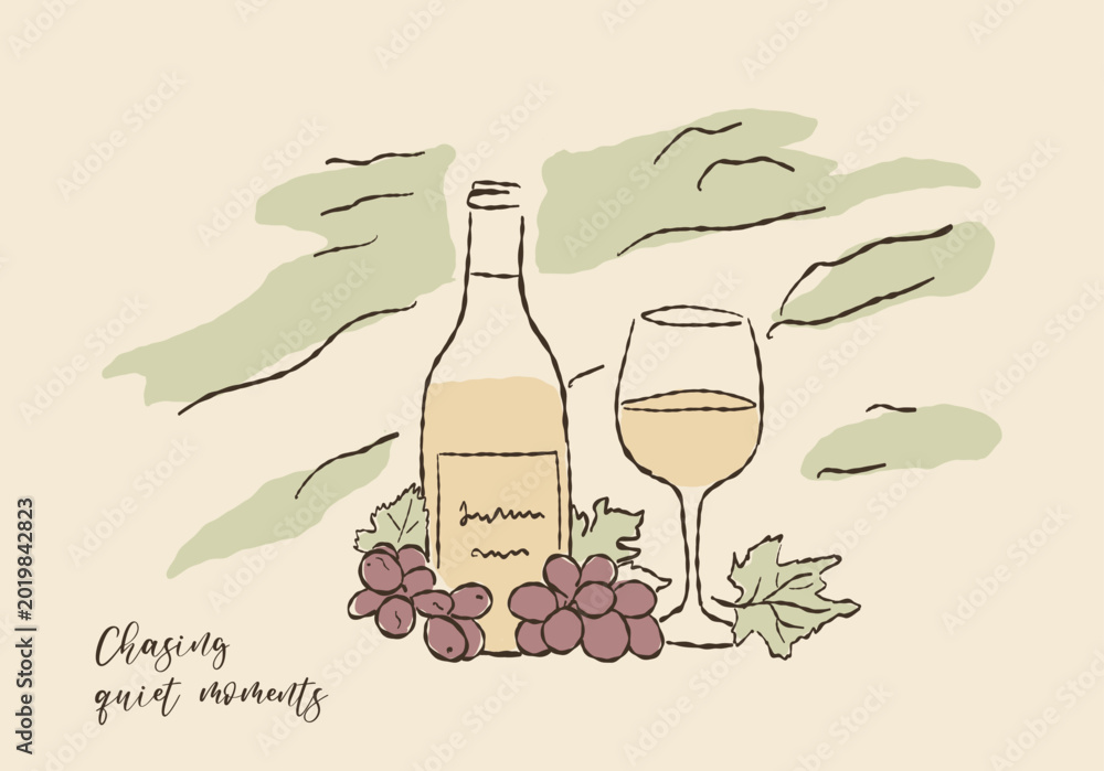 Fototapeta premium Mediterranean style poster featuring a bottle of red wine and fresh grape clusters on a rustic table with warm sunlight, olive branches, and coastal атмосhere. 