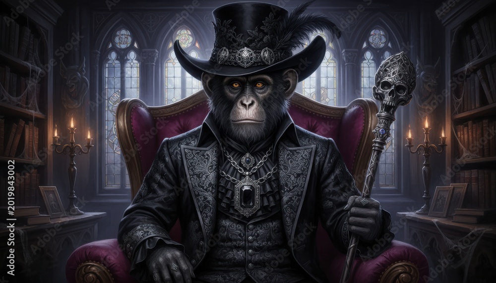 Obraz premium Gothic monkey dons a hat and cloak while seated in an ancient library surrounded by flickering candles
