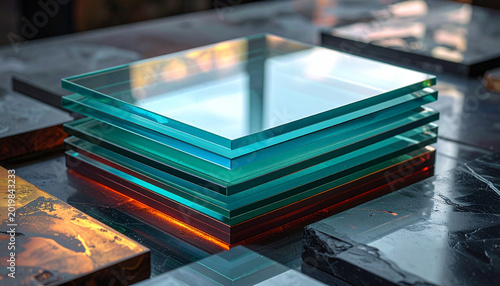 Stacked glass squares on reflective surface