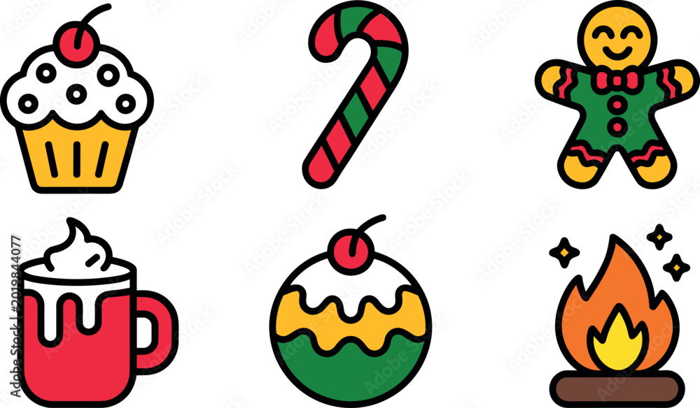 Fototapeta premium Set of Christmas holiday treats and winter cozy icons featuring gingerbread man candy cane cupcake cocoa and campfire in flat line style