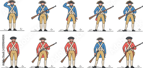 Bild auf Leinwand Revolutionary war soldier vector set featuring colonial military characters in b