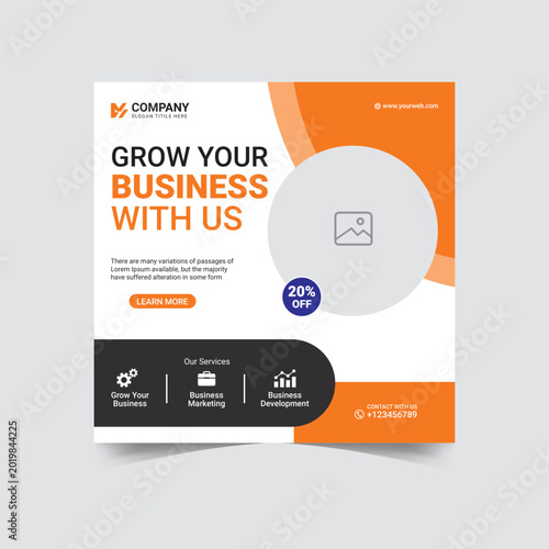 Modern business marketing social media post template, orange and black corporate web banner, grow your business digital advertisement flyer