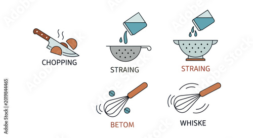 Fotografia Cooking preparation icons: chopping, straining, and whisking