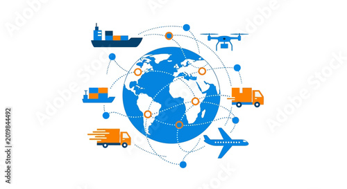 Global logistics and delivery network with various transportation methods.