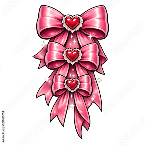 Pink Ribbon Bow With Hearts Romantic Decoration Gift Wrap Elegant Valentine Concept.