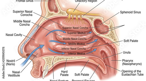 Cross‑section of the human nasal cavity with airflow arrows, labeling nasal conchae, meatuses, septum, vestibule, palate and pharynx, illustrating how inspired air is warmed, filtered and directed thr