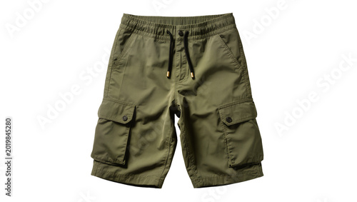 Schilderij op canvas Olive green cargo shorts with drawstring and multiple pockets, isolated on trans