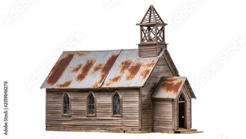 Photography Rustic wooden church with rusted corrugated metal roof, isolated on transparent