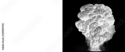 Schilderij op canvas Dramatic explosion smoke cloud on black background, massive white smoke plume wi
