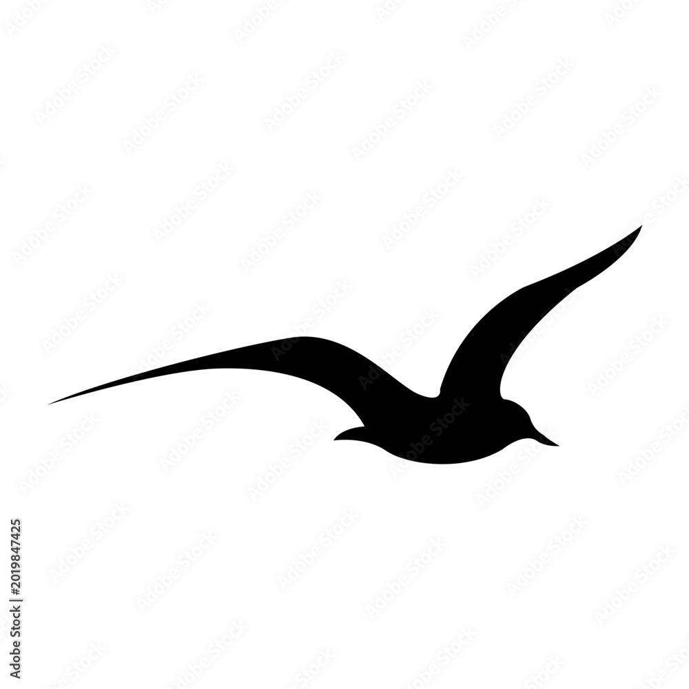 Obraz premium Flying seagull. The contrasting silhouette of a bird with wide spread wings. Silhouette of a seagull in flight. A symbol of open space and nature.