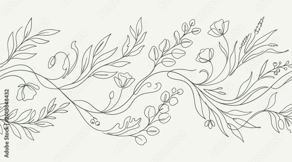 Fototapeta premium Continuous line art floral seamless pattern with wildflowers