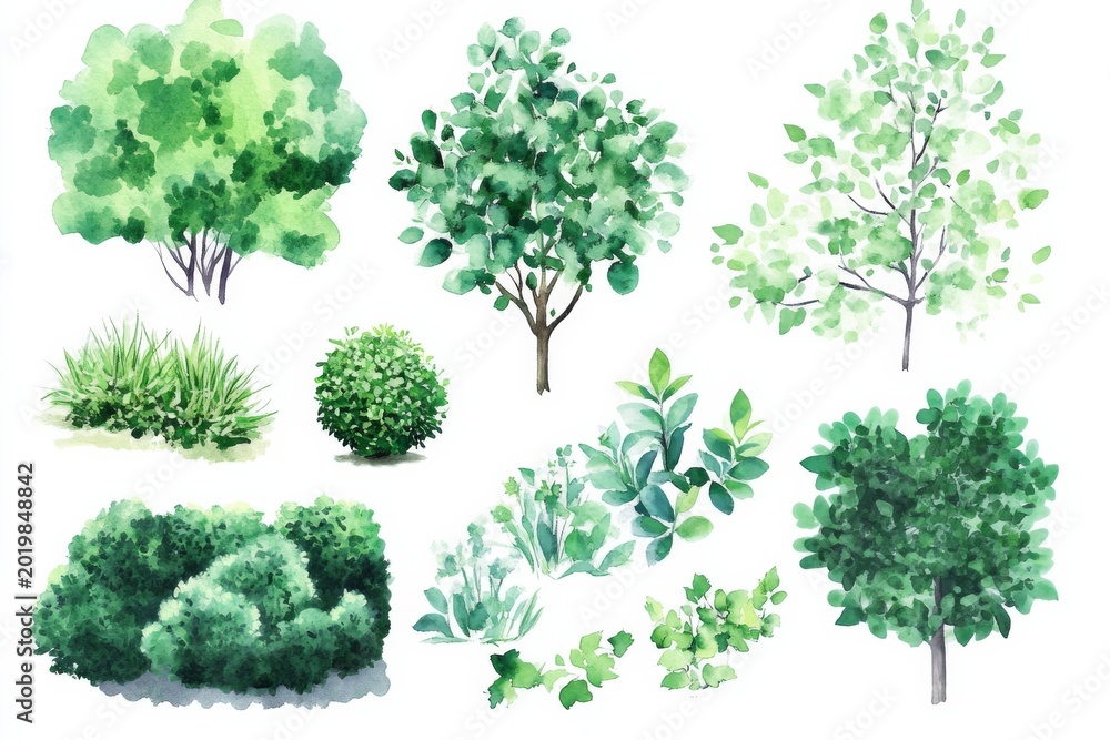 Naklejka premium Collection of watercolor green bushes and shrubs for use in garden decoration and design ideas on a white background