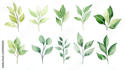 Watercolor greenery branches and leaves for botanical art and decoration in spring and summer designs