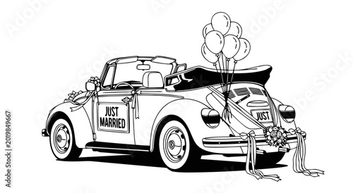 Tableau sur toile Just Married Vintage Car with Balloons and Ribbons, a charming vector illustrati