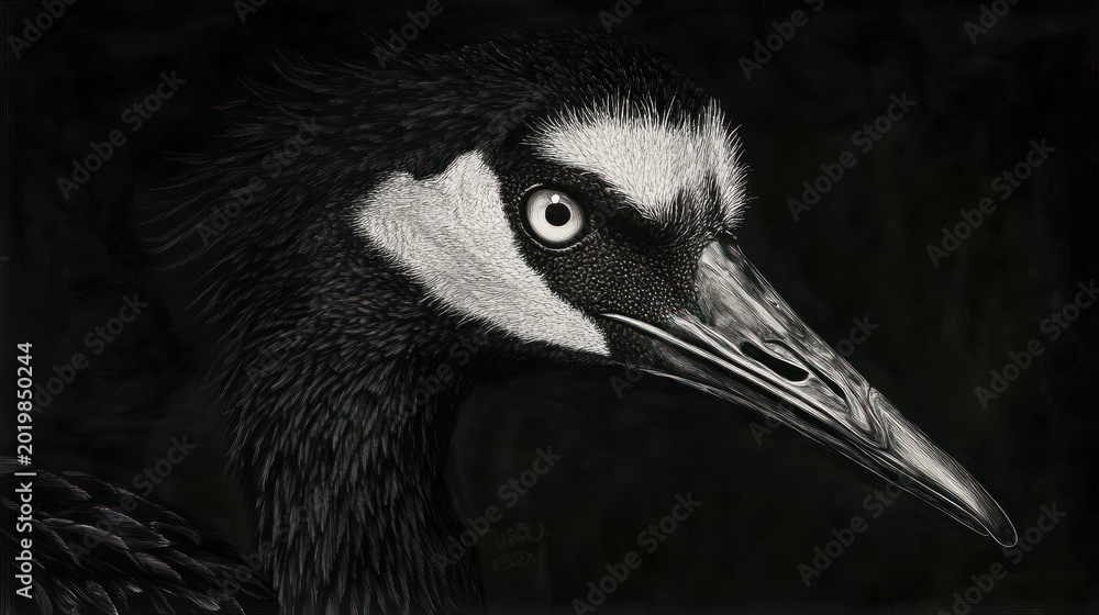 Obraz premium Close-up grayscale crane portrait, dark background. Possible use nature photography