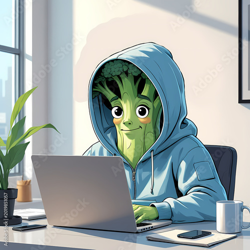 Tired Broccoli Worker on Zoom Meeting Illustration