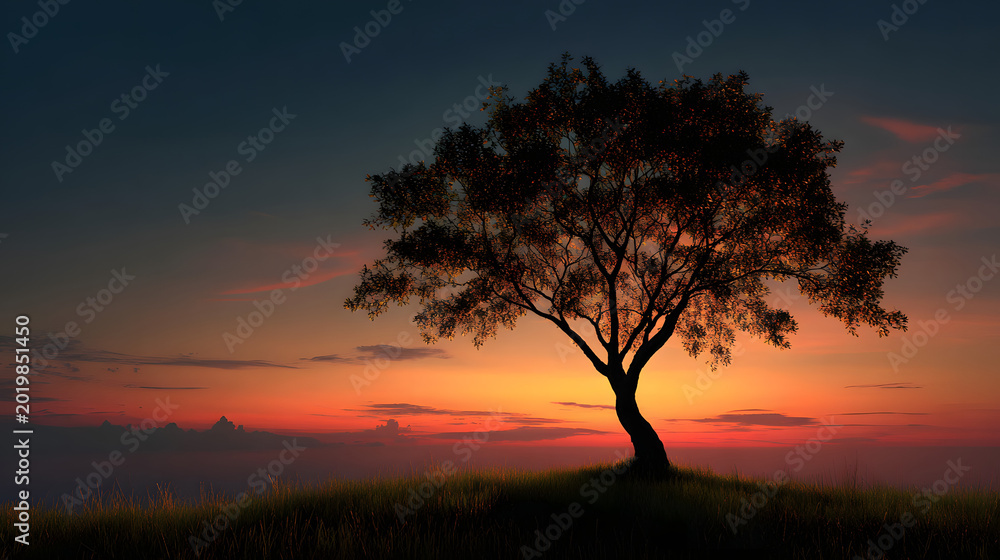 Fototapeta premium Simple scene with tree silhouette and gentle dusk gradient