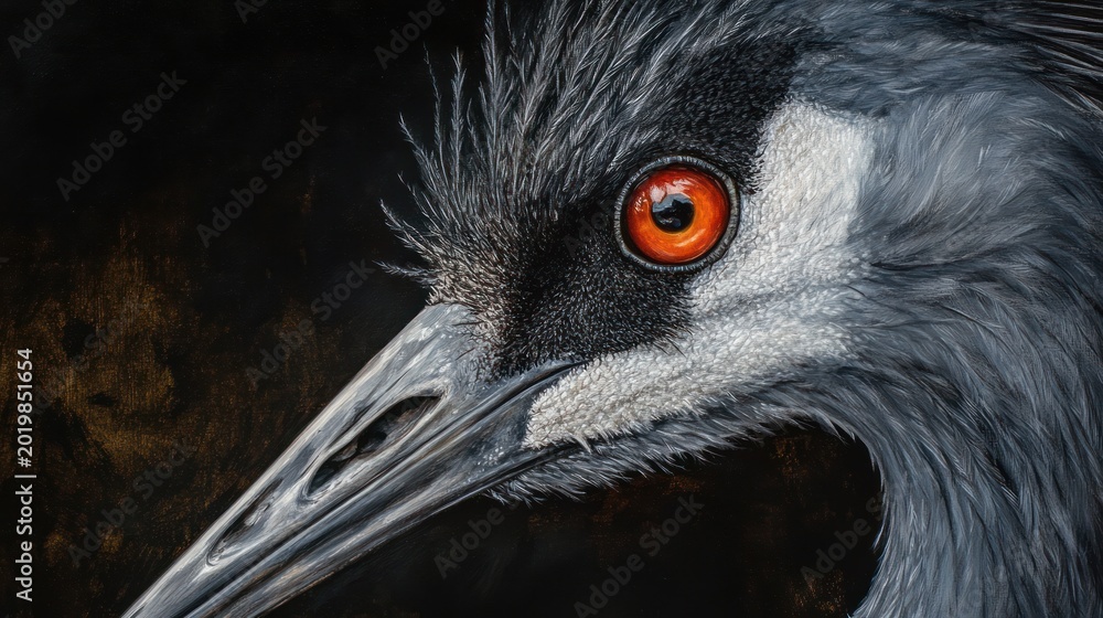 Obraz premium Close-up crane portrait, dark background. Nature photography. Possible use for nature, wildlife, bird photography stock