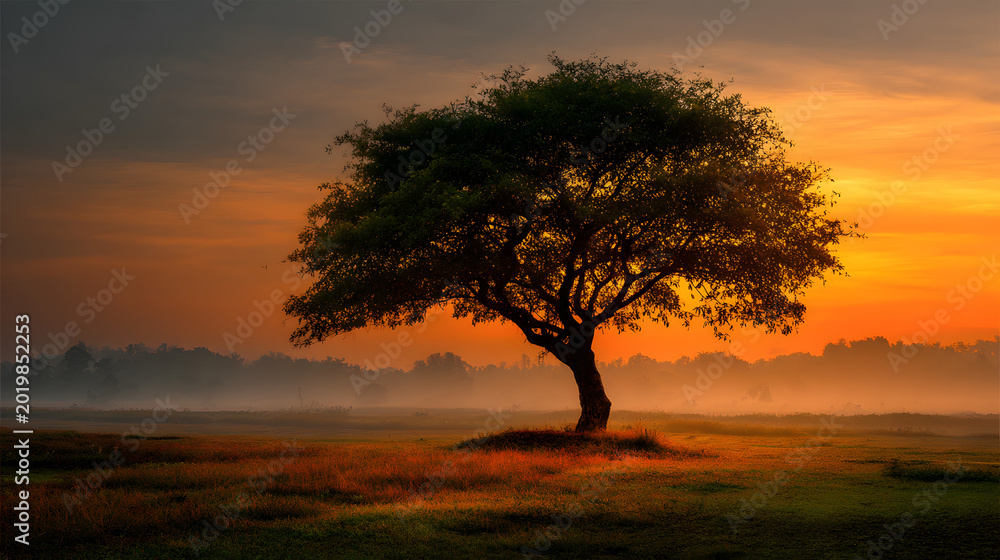Fototapeta premium Simple scene with tree silhouette and gentle light tones