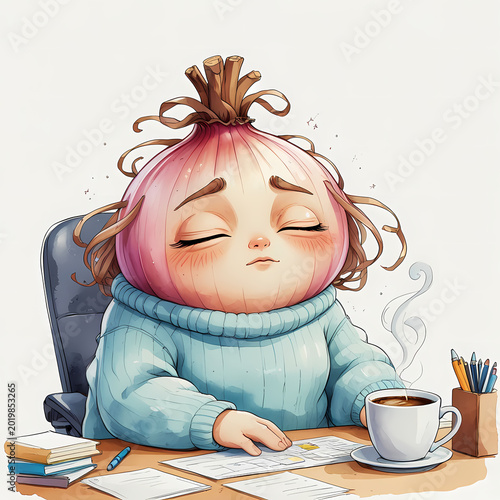 Onion Working at Desk Illustration