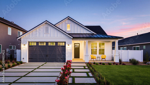 Εκτύπωση καμβά Modern farmhouse style home exterior at dusk with white siding and dark roof rea