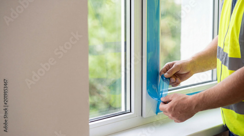Man installer removing protective blue film from new modern plastic window frame. Home renovation and construction worker activity. Professional building maintenance and repair service. Free Download Man installer removing protective blue film from new modern plastic window frame. Home renovation and construction worker activity. Professional building maintenance and repair service. - GFXLoad