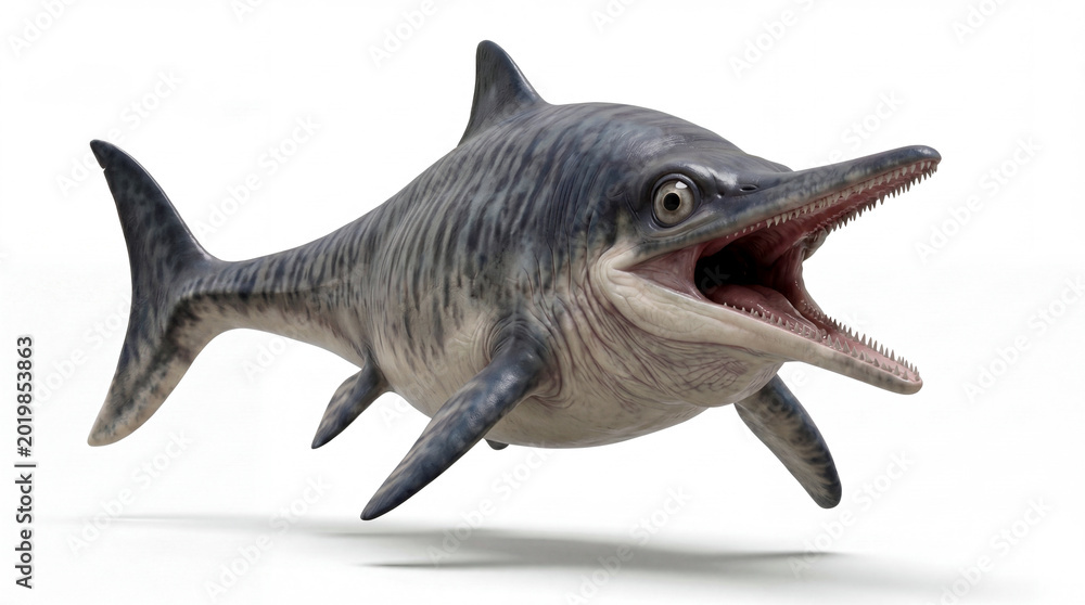 Fototapeta premium Ichthyosaurus communis swimming forward in a streamlined pose, fully extended body showing natural locomotion, isolated on a clean white background.