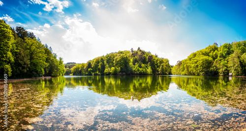 lake in forest. Lake Eiswoog is a reservoir Palatinate Forest (Rhineland-Palatinate) near the municipality of Ramsen (Donnersbergkreis)