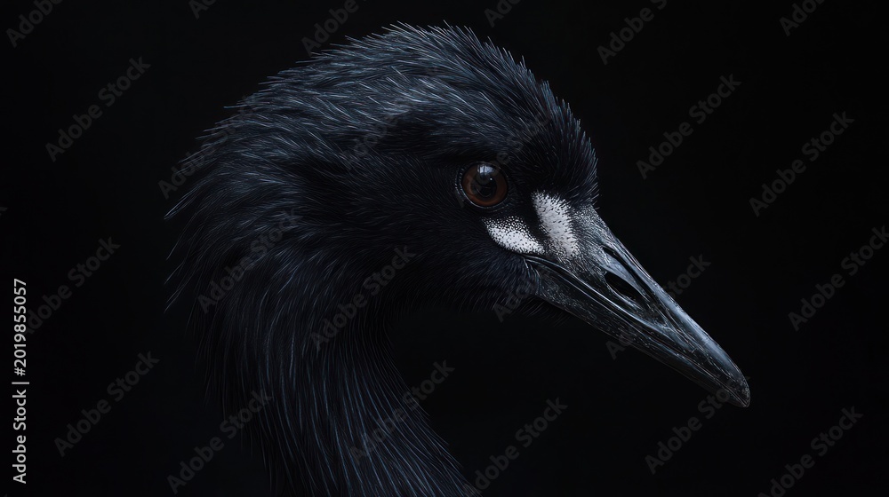 Obraz premium Black Crane Profile Closeup Against Black Background. Possible Use Stock photo for nature, wildlife, birds, or animal print designs