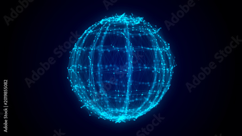 Blue sphere consisting of points and lines. Modern wireframe elements. Technology grid sphere. 3d rendering.