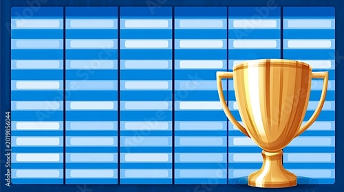 Gold trophy standing on abstract blue scoreboard background