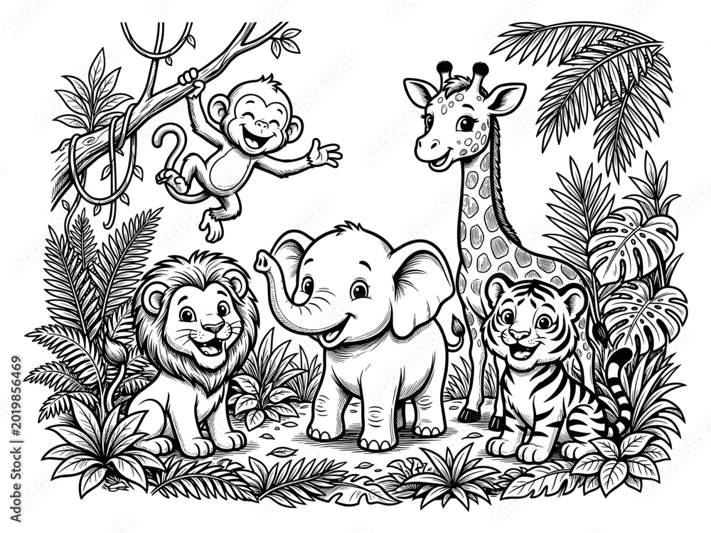 Obraz premium Cute jungle animals coloring page for kids with playful baby lion, elephant, giraffe, tiger, and monkey cartoon illustration.