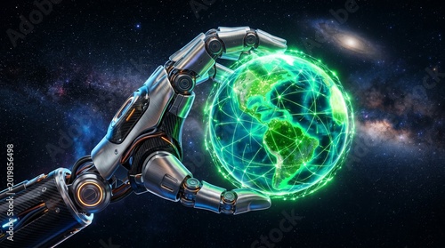 Robotic hand holding a glowing digital Earth globe with network connections in space, representing global technology and artificial intelligence