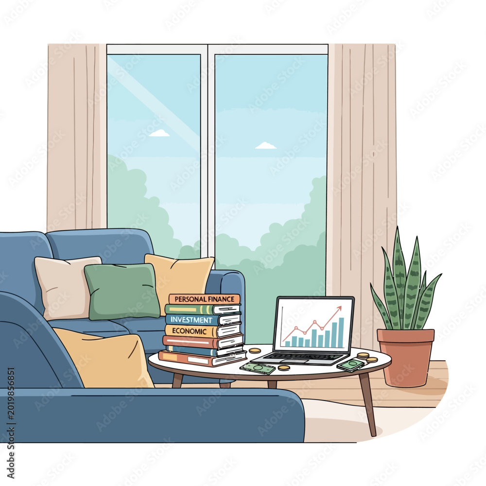 Fototapeta premium Home Office with Investment Books, Laptop and Plants