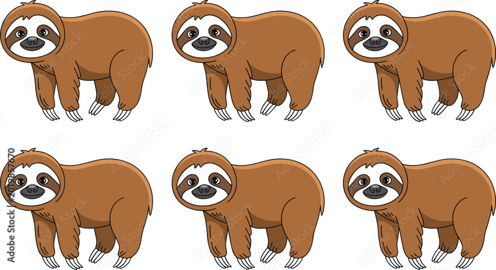 Fototapeta premium Cute sloth cartoon collection, adorable tropical animal illustrations in playful vector style isolated background