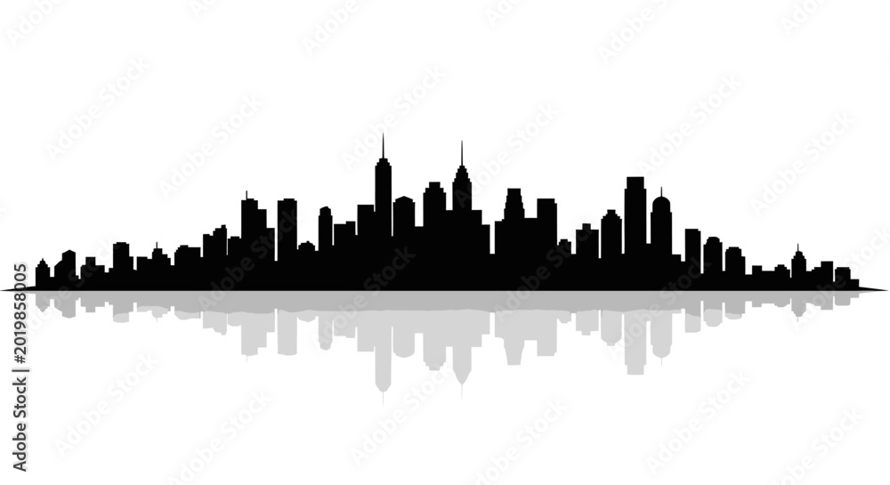 Obraz premium Black silhouette of a modern city skyline with reflection.