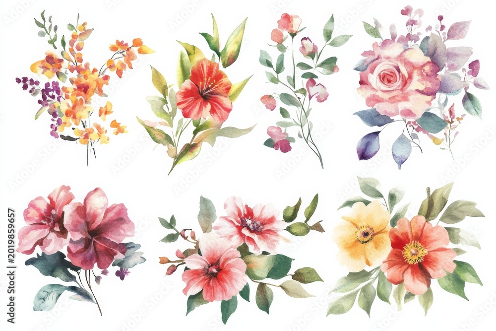 Obraz premium Colorful watercolor illustration of various flower bushes on a plain white background showing beauty of nature