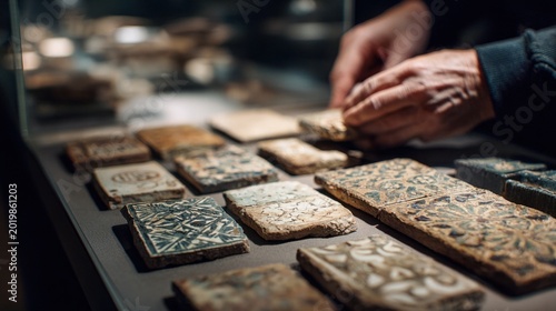 Museum display table showcasing historical artifact tiles with intricate carvings and patterns from various cultures