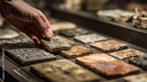 Museum display table showcasing various ancient stone tablets and carved artifacts with intricate inscriptions and textures