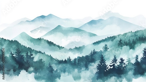 Stunning watercolor landscape with mountains and trees in artistic style capturing the beauty of nature in a simple design