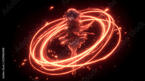 Anime female warrior twirling with neon red fire ribbons on a black background