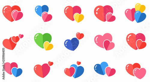 Collection of colorful heart icons, each with a shiny highlight