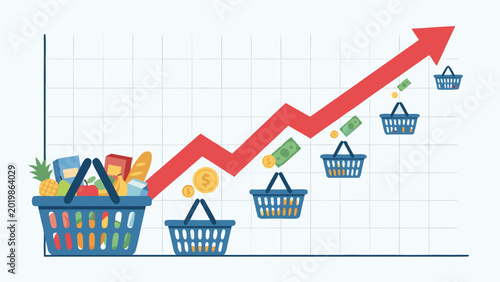 Vector illustration of a rising inflation graph with shopping baskets shrinking in size and contents, depicting the economic crisis, high cost of living, and reduced consumer purchasing power.