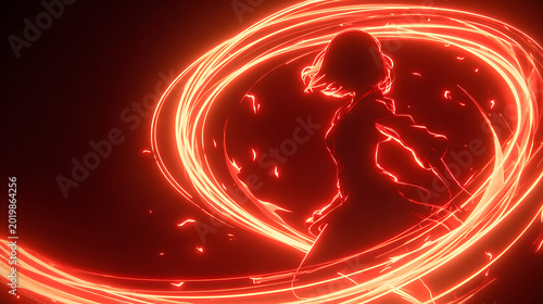 Anime female warrior twirling with neon red fire ribbons on a black background